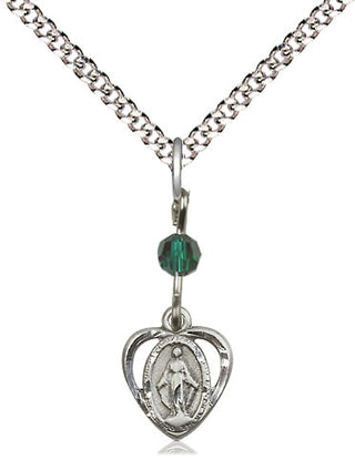Sterling Silver Miraculous Pendant with Emerald bead on an 18-inch Light Rhodium Light Curb Chain