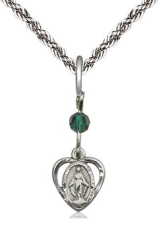 Sterling Silver Miraculous Pendant with Emerald bead on an 18-inch Light Rhodium Light Curb Chain