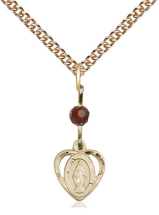 14kt Gold Filled Miraculous Medal with Garnet bead Religious and Catholic Jewelry