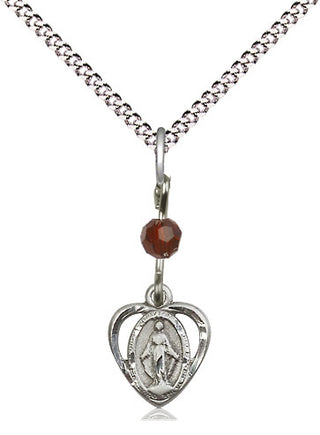 Pewter Miraculous Medal with Garnet bead Religious and Catholic Jewelry