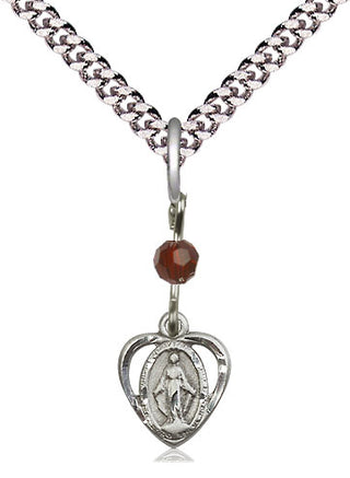 Pewter Miraculous Medal with Garnet bead Religious and Catholic Jewelry