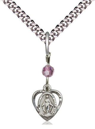Pewter Miraculous Medal with Light Amethyst bead Religious and Catholic Jewelry