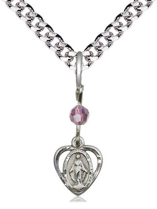 Pewter Miraculous Medal with Light Amethyst bead Religious and Catholic Jewelry