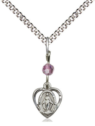 Pewter Miraculous Medal with Light Amethyst bead Religious and Catholic Jewelry