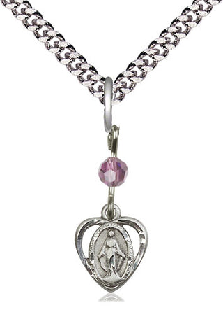 Pewter Miraculous Medal with Light Amethyst bead Religious and Catholic Jewelry