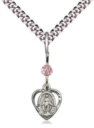 Pewter Miraculous Medal with Light Rose bead Religious and Catholic Jewelry