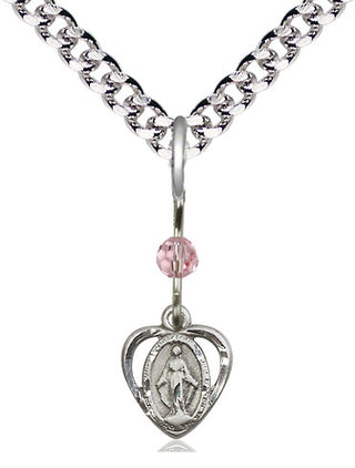 Pewter Miraculous Medal with Light Rose bead Religious and Catholic Jewelry