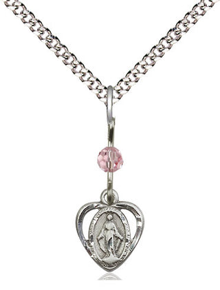 Pewter Miraculous Medal with Light Rose bead Religious and Catholic Jewelry