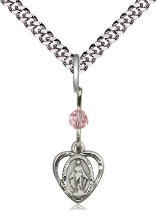 Pewter Miraculous Medal with Light Rose bead Religious and Catholic Jewelry