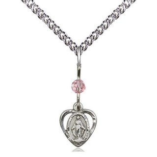 Sterling Silver Miraculous Medal with Light Rose bead Religious and Catholic Jewelry