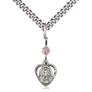 Sterling Silver Miraculous Medal with Light Rose bead Religious and Catholic Jewelry