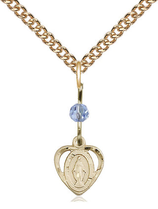 14kt Gold Filled Miraculous Medal with Light Sapphire bead Religious and Catholic Jewelry