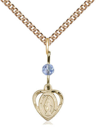 14kt Gold Miraculous Medal with a Light Sapphire bead