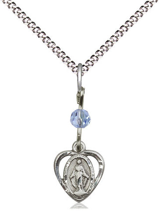 Sterling Silver Miraculous Medal with Light Sapphire bead Religious and Catholic Jewelry