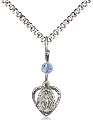 Sterling Silver Miraculous Medal with Light Sapphire bead Religious and Catholic Jewelry