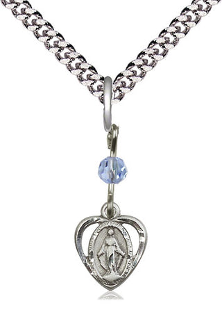 Sterling Silver Miraculous Medal with Light Sapphire bead Religious and Catholic Jewelry