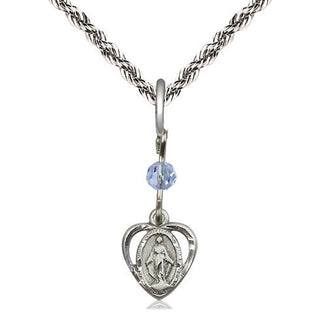 Sterling Silver Miraculous Medal with Light Sapphire bead Religious and Catholic Jewelry