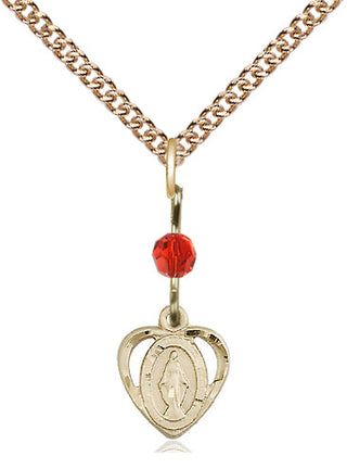 14kt Gold Filled Miraculous Medal with Ruby bead Religious and Catholic Jewelry