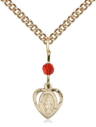 14kt Gold Filled Miraculous Medal with Ruby bead Religious and Catholic Jewelry