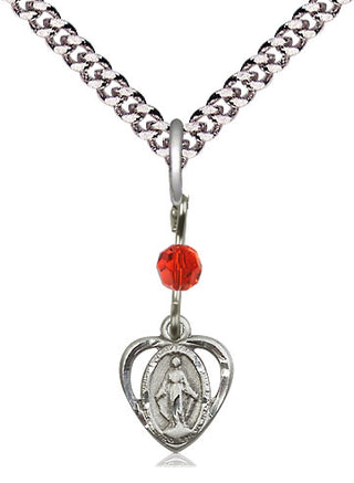 Pewter Miraculous Medal with Ruby bead Religious and Catholic Jewelry
