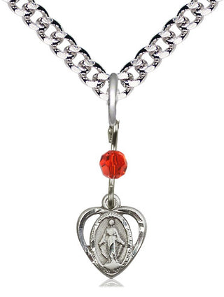 Pewter Miraculous Medal with Ruby bead Religious and Catholic Jewelry