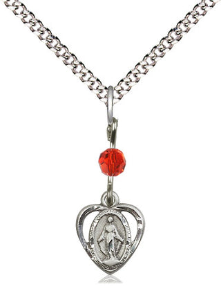 Pewter Miraculous Medal with Ruby bead Religious and Catholic Jewelry