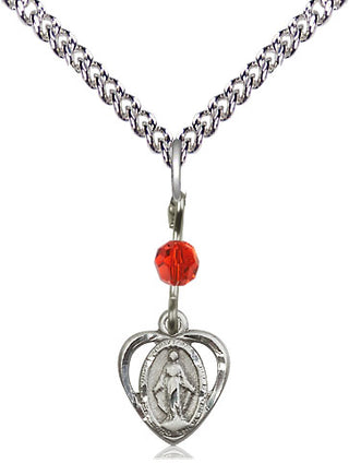 Sterling Silver Miraculous Medal with Ruby bead Religious and Catholic Jewelry