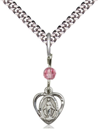 Pewter Miraculous Medal with Rose bead Religious and Catholic Jewelry