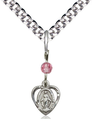 Pewter Miraculous Medal with Rose bead Religious and Catholic Jewelry