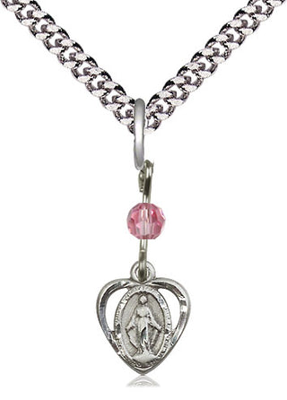 Pewter Miraculous Medal with Rose bead Religious and Catholic Jewelry