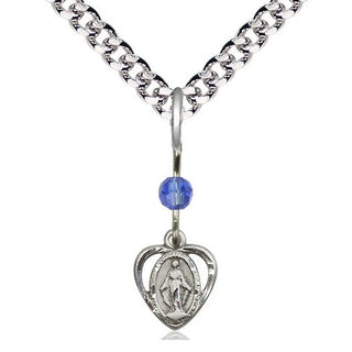 Pewter Miraculous Medal with Sapphire bead Religious and Catholic Jewelry