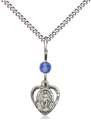 Sterling Silver Miraculous Medal with Sapphire bead Religious and Catholic Jewelry