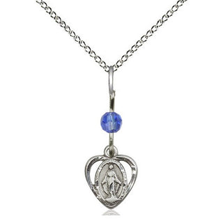 Sterling Silver Miraculous Medal with Sapphire bead Religious and Catholic Jewelry
