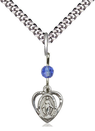 Sterling Silver Miraculous Medal with Sapphire bead Religious and Catholic Jewelry