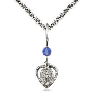 Sterling Silver Miraculous Medal with Sapphire bead Religious and Catholic Jewelry