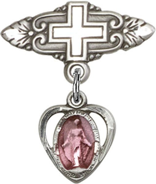 Sterling Silver Badge Pin With Cross Heart / Miraculous Baby Badge