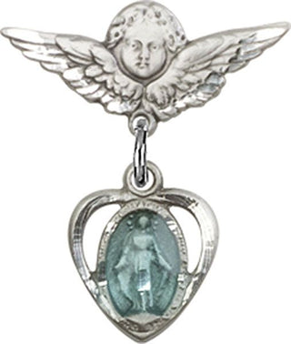 Sterling Silver Small Angel w/Wings Heart / Miraculous Baby Badge