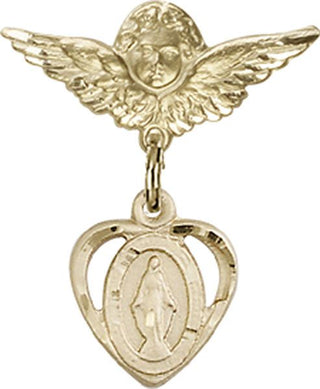 14kt Gold Filled Small Angel w/Wings Heart / Miraculous Baby Badge