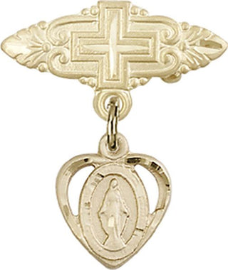 14kt Gold Badge Pin With Cross Heart / Miraculous Baby Badge