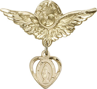 14kt Gold Large Angel w/Wings Heart / Miraculous Baby Badge