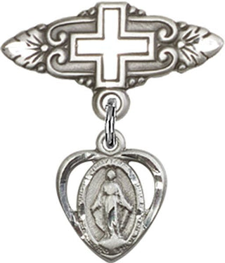 Sterling Silver Badge Pin With Cross Heart / Miraculous Baby Badge
