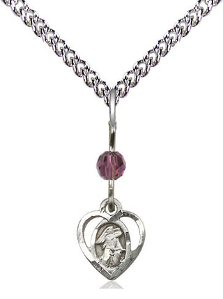 Sterling Silver Guardian Angel Medal with an Amethyst bead Religious and Catholic Jewelry Engraved Catholic Saint Jewelry