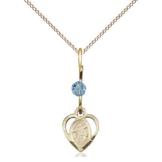14kt Gold Guardian Angel Medal with an Aqua bead Engraved Catholic Saint Jewelry