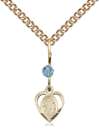 14kt Gold Guardian Angel Medal with an Aqua bead Engraved Catholic Saint Jewelry