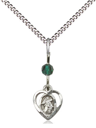 Sterling Silver Guardian Angel Medal | Emerald bead Religious and Catholic Jewelry Engraved Catholic Saint Jewelry