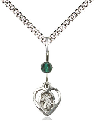 Sterling Silver Guardian Angel Medal | Emerald bead Religious and Catholic Jewelry Engraved Catholic Saint Jewelry