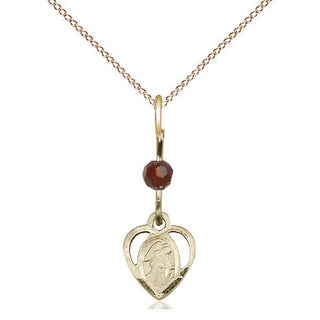 14kt Gold Guardian Angel Medal with a Garnet bead Engraved Catholic Saint Jewelry