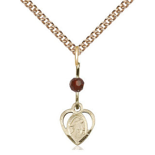 14kt Gold Guardian Angel Medal with a Garnet bead Engraved Catholic Saint Jewelry