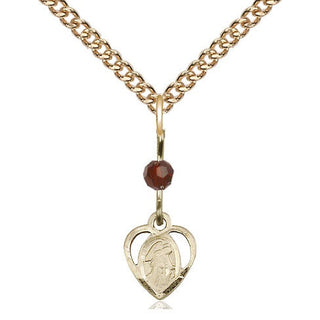 14kt Gold Guardian Angel Medal with a Garnet bead Engraved Catholic Saint Jewelry