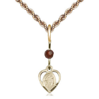 14kt Gold Guardian Angel Medal with a Garnet bead Engraved Catholic Saint Jewelry